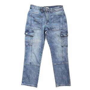 Kancan Jeans Women's 28 Blue Avery High Rise Straight Leg Cargo Flap Pocket